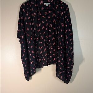 LOFT Black Floral Kimono Cardigan with Red-Pink Blossoms